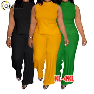 2024 Summer New Plus Size Women'S Solid Color Casual Sleeveless Trousers Suit