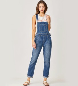 Women's Light Wash Denim Overalls High Relaxed Straight-Leg Jumpsuit Adjustable Strap Button Detail Cuffed Cropped Fit Summer