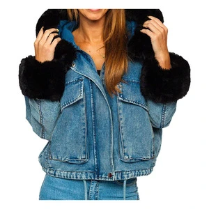 Customized Women's Breathable Embroidery Stripe Fur Collar Pearls Cotton Denim Jeans Zipper Outerwear Jackets