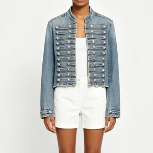 Women Denim Jacket Stand Collar Minimalist Short Jean Coat Streetwear Casual Outerwear Ladies Fashion Button Trucker Custom OEM
