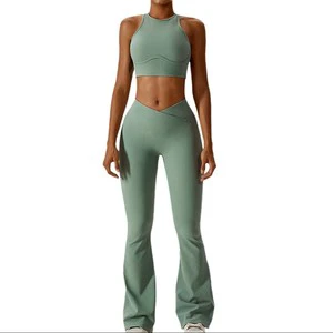 Women's Yoga Crop Top & Flare Leg Pants Set Spandex/Nylon Four-Way Stretch Breathable Quick Dry Eco-Friendly Plus Elastic Waist