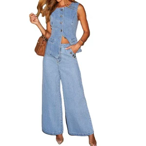 Wholesale Girls Jeans Suit New Fashion Casual Womens Vest Pants Suit Handsome Women Denim Pants Set