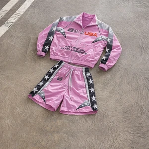 Custom 2-Piece Pleated Nylon Breathable Waterproof Suit Windbreaker Lightweight Tracksuit Zip up Jacket and Short Set