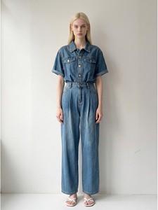 Wholesale Custom Women Denim Jumpsuit High Waist Wide Leg Short Sleeve Washed One Piece Overall