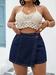 Plus Size Jeans Women's High Quality Stretch Denim Mini Wrap Skort Casual High Waist Breathable Waterproof Summer Solid Washed