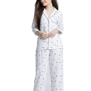 Trendy Casual Style Women's Thermal Satin Sleepwear with Printed Shirts and Trouser Sets Elastic Waist Custom Made