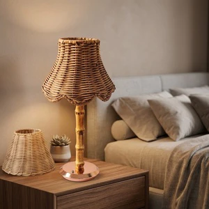 Bamboo Pole Rattan Table Lamp Portable Wireless Rechargeable Touch Switch Adjustable USB Metal Base Custom Color Bedside Lamp
