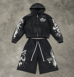 Custom Boxy Cropped Zip Up Hoodie Set Vintage Distressed Acid Wash 3/4 Long Sweat Shorts Sets Two Piece Mens Tracksuit
