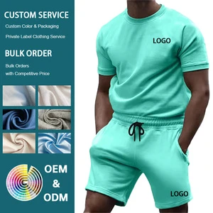 Factory Price Summer Casual Solid Customizable LOGO Crew Neck Solid Color Short-Sleeve T-Shirt & Shorts 2 Pieces Men Sets