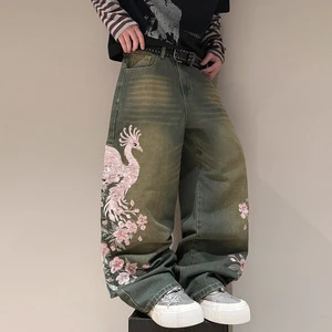 Custom High Quality Fashion Custom Embroidery Light Blue Big Pocket Wide Leg Plus Size Stacked Baggy Men's Denim Jeans for Men