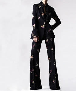 New Women's Floral Casual Woven Button Two Piece Denim Set with Washed Blue Top and Straight Trousers