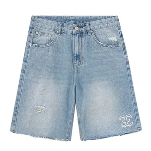 OEM Custom Men Light Wash Baggy Denim Shorts Distressed Raw Hem Wide Leg Jorts For Summer Streetwear