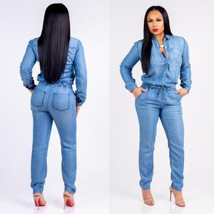 2023 Full Length Casual Ladies Women Overall Long Sleeve Jeans Denim Jumpsuit
