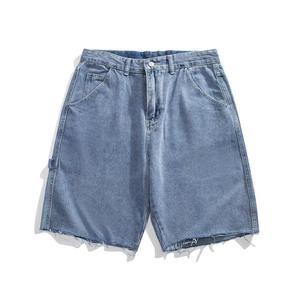 Men's High Waist Denim Bermuda Shorts Solid Color Cotton Casual Style Button Fly Washed Finish Pockets Breathable Summer Wear