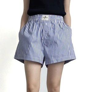 Custom Woven Patch Stripe Elastic Waist Shorts Cotton Blend Breathable Soft Relaxed Casual Daily Home Vacation Bottoms for Women