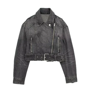 Fall Season New Style Stand Collar Women Denim Jackets Long Sleeve Zipper Side Pocket Buckle Black and Blue Motorcycle Jacket