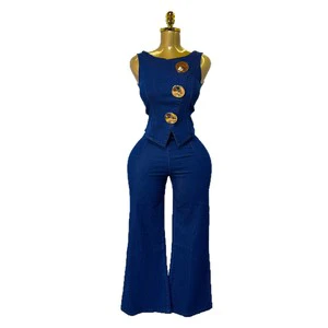 Women's Metal Buckle Round Neck Sleeveless Denim Vest and High-Waisted Wide-Leg Pants 2-Piece Set Sehe Fashion