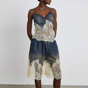 Summer Women's Denim 2 Piece Set Sex Suspender Five Quarter Pants With Lace Patchwork Denim Fashionable Thin Clothing Suit