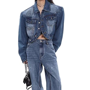Summer Women's Denim Pu Leather Bandage Two-Piece Jacket Wide Leg Teenagers Spring Jeans Set Women Sexy With Jacket for Industry