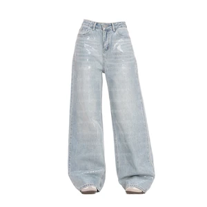 Woman Pants Faded Casual Wide Leg Baggy Jeans Women Rhinestone Jeans High Street Vintage Washed High Waisted Jeans 2026