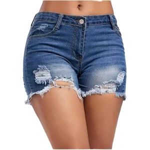 Custom Washed High Quality Strech Elastic Ripped High Waist Cropped Women's Denim Shorts Wholesale Women's Jeans
