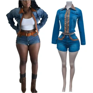 Stylish Autumn Women's Denim Suit With Embroidered Top and Pleated Knee High Shorts for a