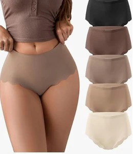 Custom Breathable Ice Silk Seamless High Waisted Underwear Wave Edge No Show Bikini Panties Ribbed Panties Women