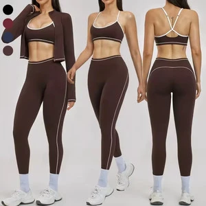 ZC015 Hot Sell Fitness 3 Piece Women Gym Yoga Wear Set Workout Seamless Long Sleeve Sports Suit Hoodie Yoga Set