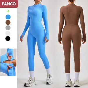 FANCO Wholesale Polyamide Gym Clothes Active Wear Yoga Fitness Sports Zipper Sport Jumpsuit One Piece Yoga Wear Female Jumpsuits