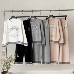 Foreign Trade European American Style ELEGANT Anti-Wrinkle Wool Blend Neck Knitted Sweater Autumn Suit Women's Casual Pants 1025