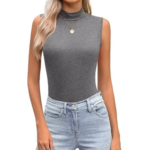 Ladies Casual Sleeveless Turtleneck Bodysuit Slim Fit Stretch Tank Top Solid Color Front Logo Customizable Women's Wear