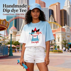 HuaYi GOTS & ISO Certified Light Blue Gradient Knitted Breathable 100% Cotton Crew Neck Cartoon Cat Fish Print Casual T-Shirt