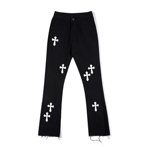 Premium Quality Breathable Eco-Friendly Plus Size Washed Stacked Black Bell Bottom Slim Fit Boot Cut Men's Denim Jeans Patches