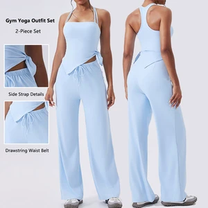 Women Yoga Set Square Neck Tie Tank Top Wide Leg Pants 2Piece Workout Outfit Gym Running Sports Quick Dry High Quality Tracksuit