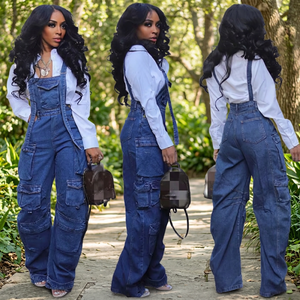 Womens Denim WideLeg Jumpsuit Overall Pants utility streetwear fashion style closure contrast stitching and extrawide loose legs