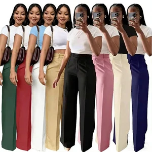 Hot Sale Women Plain Business Casual Pants Loose Fit Midi Waist Office Pants Ladies Wide Leg Straight Leg Pants With Pockets