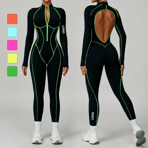 Women Sportswear Color Contrast Long Sleeve Sports Fitness Bodysuit One Piece Backless Yoga Gym Workout Jumpsuits