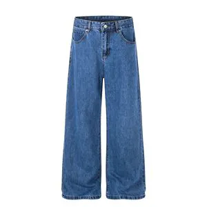 High-Street Unisex Premium Washed Vintage Nostalgic Blue-Tinted Jeans Mid Waist Loose Trousers Wide-Leg Denim Men Casual Pants