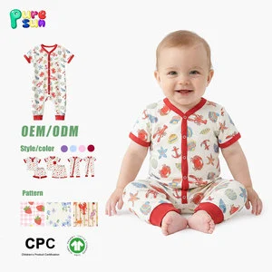 Puresun Customized Bamboo Toddler Boys Pajamas Crayfish Print Children Rompers Zipper 100% Organic Cotton Summer Baby Bodysuit