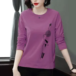 2025 Women's Long Sleeve T-Shirt Plus Size Curvy Outerwear Top Solid Casual Base Curve Shirt 058 Knitted Anti-Pilling for Spring