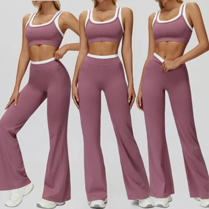 Ribbed Contrast Color Gym Fitness Set Padded 2 in 1 Sport Bra & High Waist Flare Pants Pilates Yoga Wear Suit for Women