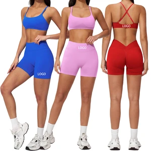 Wholesale Custom Logo High Quality Women 2Pcs Fitness Set, High Impact Shockproof Bra & V-Waist Butt Lifting Shorts Yoga Set