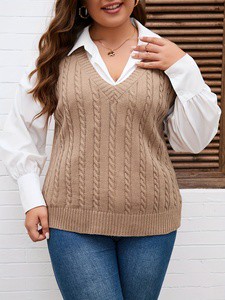 Women's Beige V-Neck Knit Vest, Fashion Versatile Sleeveless Waistcoat for Daily Wear