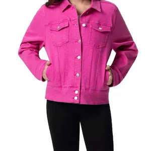 Pink Denim Jacket Plus Size Women's Full Sleeve Solid Color Button Front Casual Outwear Spring Season Regular Fit Jackets