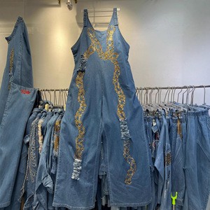 GX- Retro Denim Belt Pants with Gold-embroidered Flowers and Diamond Accents, Loose and Wide-leg Design Jumpsuit