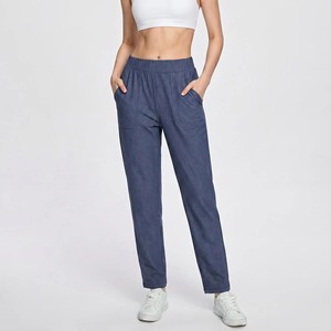 Women Spring Straight Leg Faux Denim Pants Mid Waist Stretch Knit Trousers Office Casual Yoga Jeggings With Side Pockets