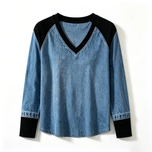 Women Denim Pullover Washed Vintage Top Sweater Shirts Raglan Sleeve Contrast Patchwork Casual Blouse Customized Private Label
