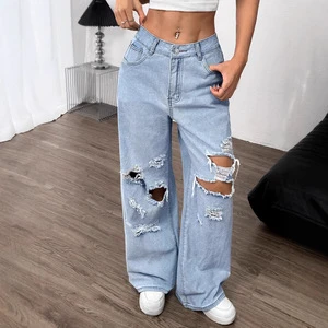 Custom Embroidery Washed High Quality Distressed Wide Leg Ripped Straight High Waist Women's Jeans