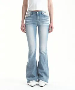 OEM/ODM Women High Waist Flare Jeans Slim Fit Bell Bottom Denim Pants Vintage Light Blue Whisker Wash Retro Trousers