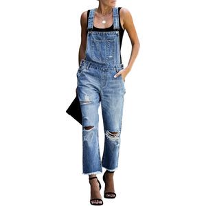 2025 Women's Casual Blue X-Small Denim Bib Overalls & Jumpsuits Adjustable Size with Distressed Jeans Pants